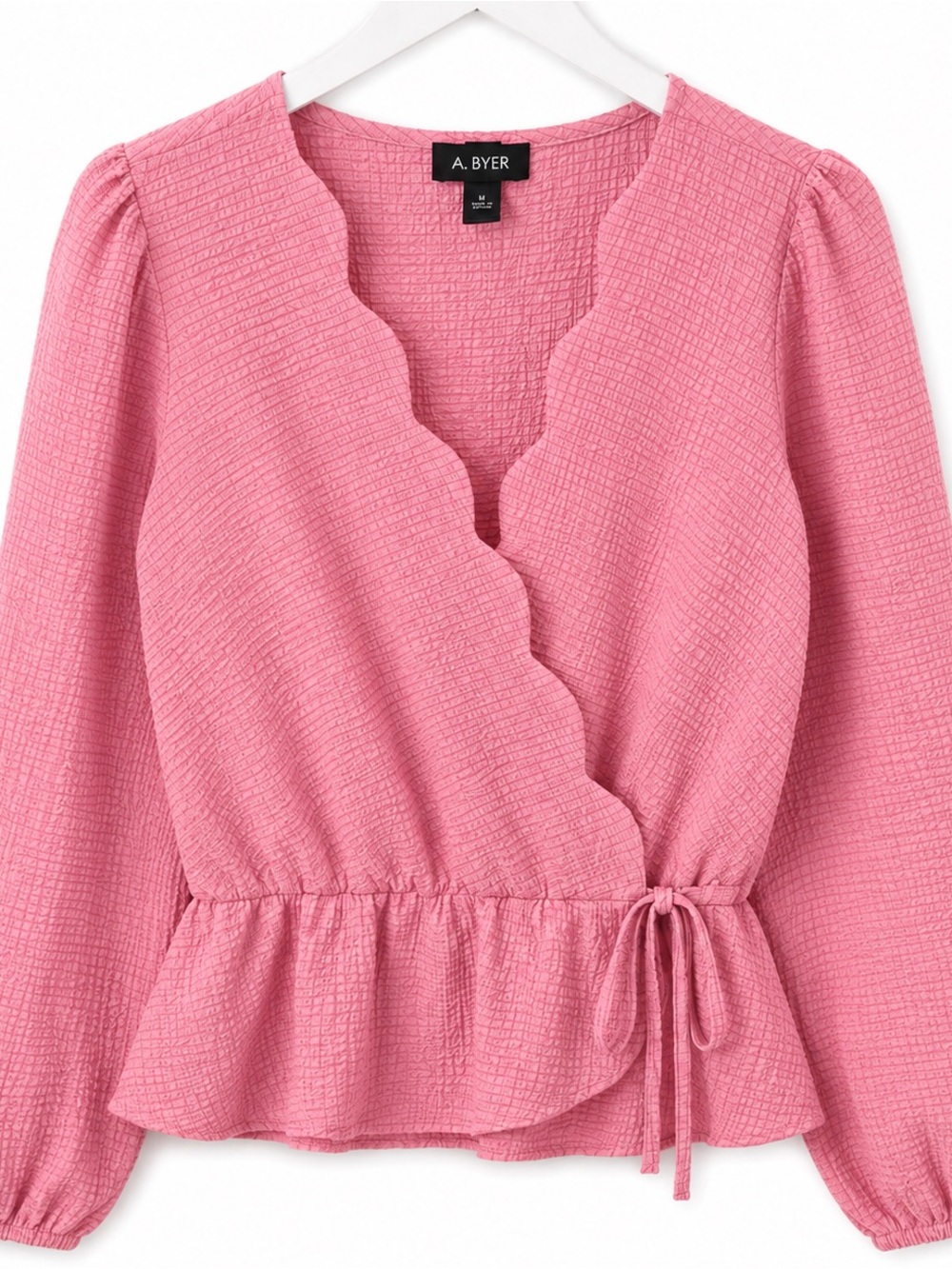 A. Byer Rose Pink Scalloped Wrap Peplum Top